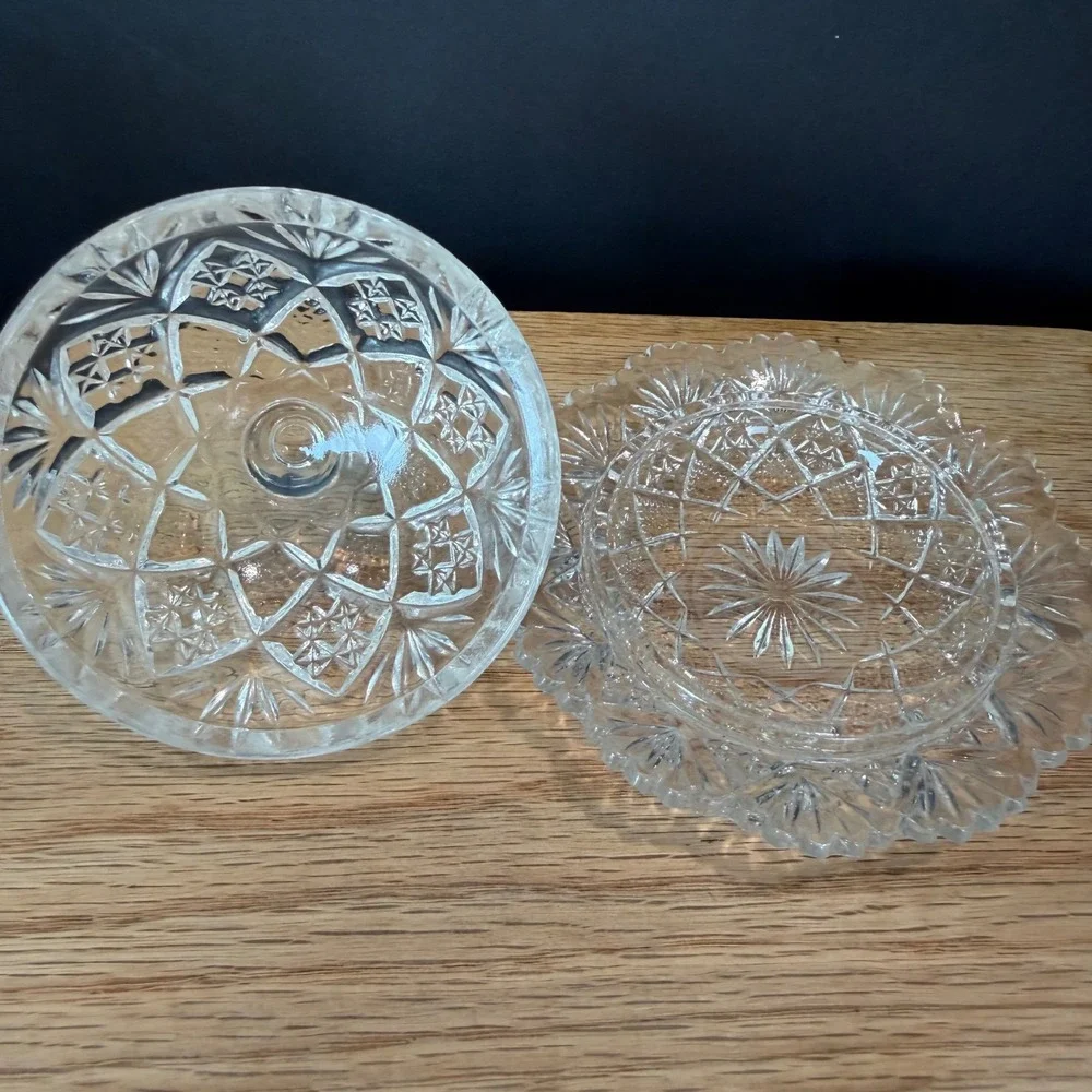 Vintage Miniature Clear Pressed Glass Covered Butter Pat Dish Diamond & Sunburst